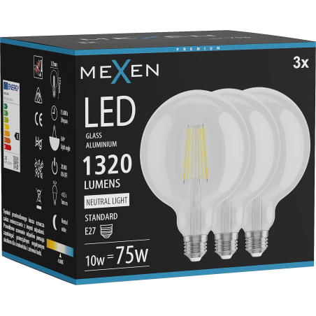 Mexen Vintis 3x LED kvēldiega spuldze E27, G125, 10W, Neitrāla - 4000K, 1320 lm, caurspīdīga - L158-E27-1040-00x03