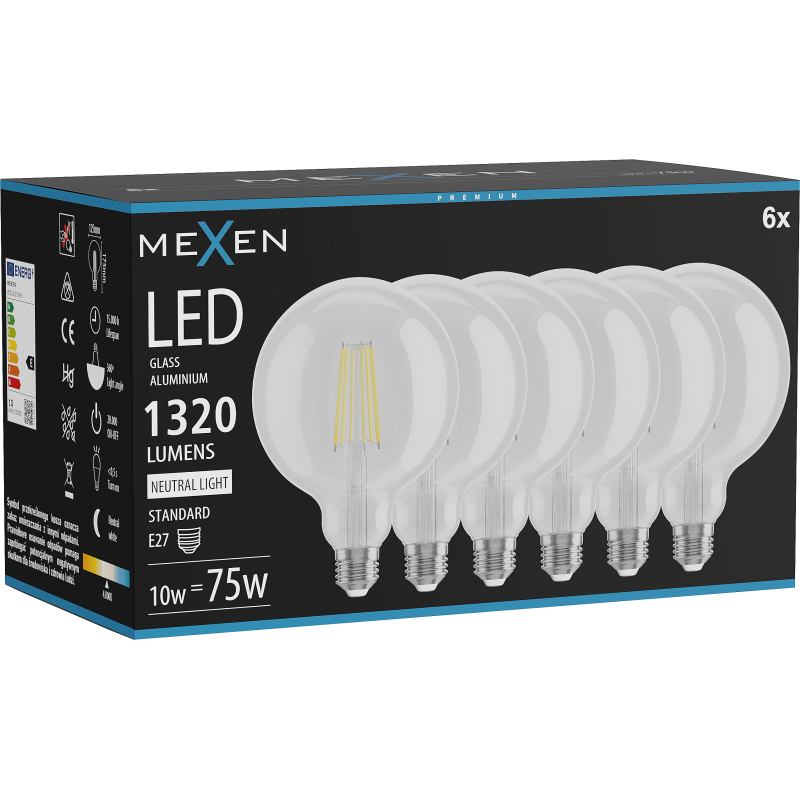 Mexen Vintis 6x LED filament žarnica E27, G125, 10W, Nevtralna - 4000K, 1320 lm, prozorna - L158-E27-1040-00x06