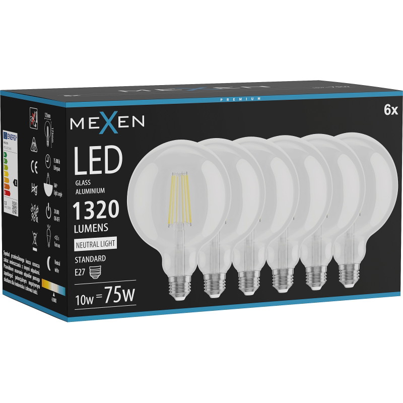 Mexen Vintis 6x LED-filamentlampa E27, G125, 10W, Neutral - 4000K, 1320 lm, klar - L158-E27-1040-00x06