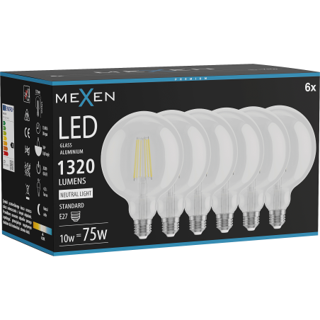 Mexen Vintis 6x LED-filamentlampa E27, G125, 10W, Neutral - 4000K, 1320 lm, klar - L158-E27-1040-00x06