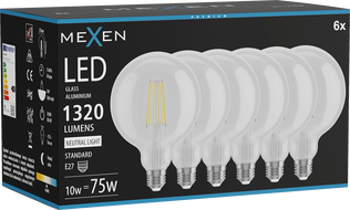Mexen Vintis 6x LED hõõgniitpirn E27, G125, 10W, Neutraalne - 4000K, 1320 lm, läbipaistev - L158-E27-1040-00x06