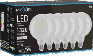 Mexen Vintis 6x LED pavedienu spuldze E27, G125, 10W, Neitrāla - 4000K, 1320 lm, caurspīdīga - L158-E27-1040-00x06