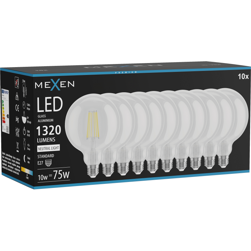 Mexen Vintis 10x LED kvēldiega spuldze E27, G125, 10W, Neitrāla - 4000K, 1320 lm, caurspīdīga - L158-E27-1040-00x10