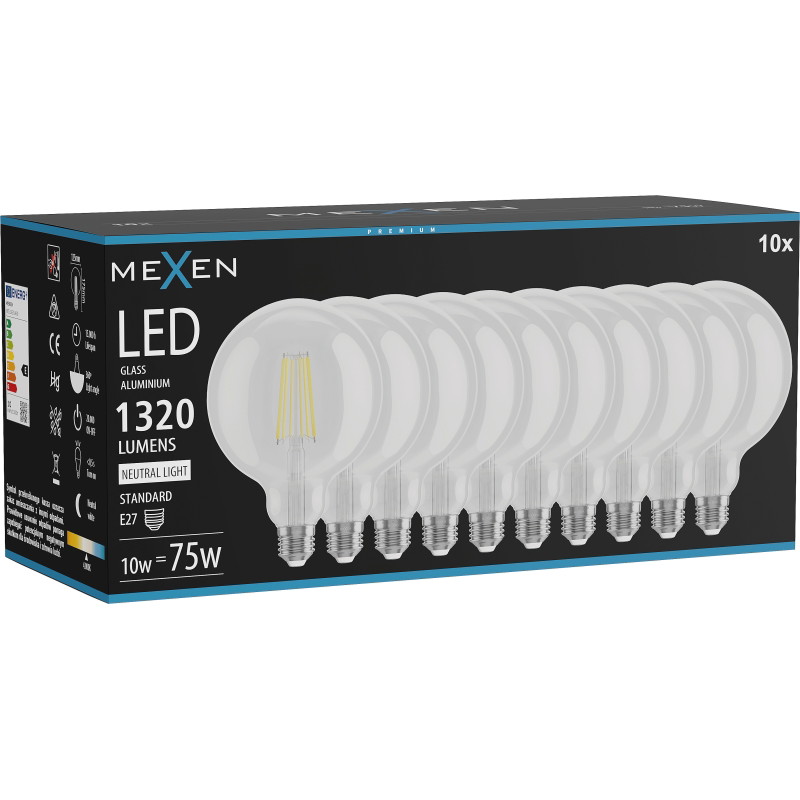 Mexen Vintis 10x żarówka filament LED E27, G125, 10W, Neutralna - 4000K, 1320 lm, clear - L158-E27-1040-00x10