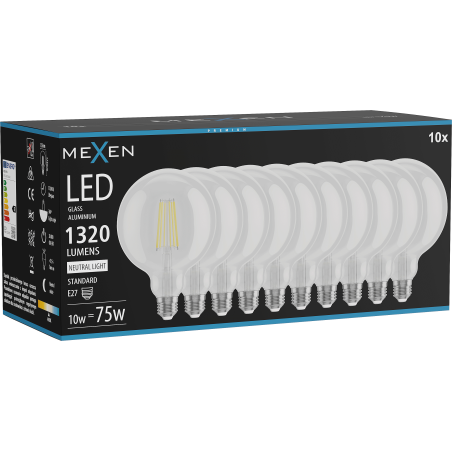 Mexen Vintis 10x LED filament žarulja E27, G125, 10W, Neutralna - 4000K, 1320 lm, prozirna - L158-E27-1040-00x10