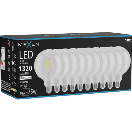 Mexen Vintis 10x LED kvēldiega spuldze E27, G125, 10W, Neitrāla - 4000K, 1320 lm, caurspīdīga - L158-E27-1040-00x10