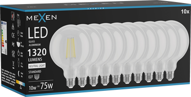 Mexen Vintis 10x LED-filamendilamp E27, G125, 10W, Neutraalne - 4000K, 1320 lm, läbipaistev - L158-E27-1040-00x10
