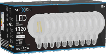 Mexen Vintis 10x LED kvēldiega spuldze E27, G125, 10W, Neitrāla - 4000K, 1320 lm, caurspīdīga - L158-E27-1040-00x10