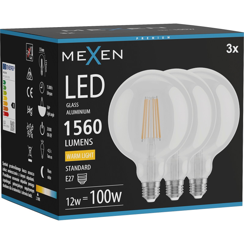 Mexen Vintis 3x Lampadina a filamento LED E27, G125, 12W, Calda - 2700K, 1560 lm, chiaro - L158-E27-1227-00x03