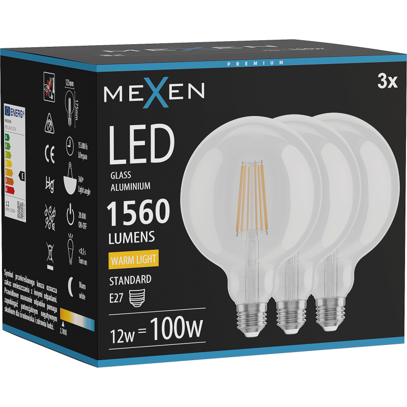 Mexen Vintis 3x LED Filament Glühbir  E27, G125, 12W, Warm - 2700K, 1560 lm, kloer - L158-E27-1227-00x03