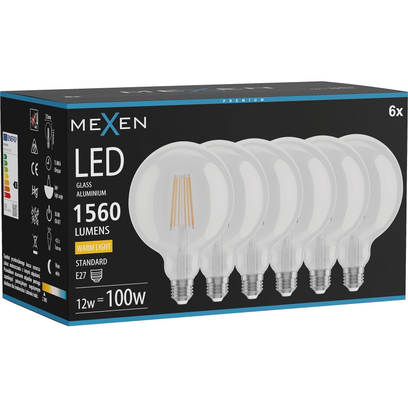 Mexen Vintis 6x Lampadina a filamento LED E27, G125, 12W, Calda - 2700K, 1560 lm, trasparente - L158-E27-1227-00x06