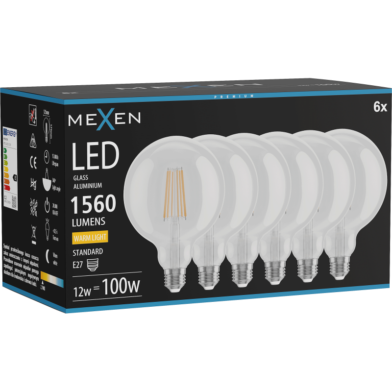 Mexen Vintis 6x LED kvēldiega spuldze E27, G125, 12W, Silta - 2700K, 1560 lm, caurspīdīga - L158-E27-1227-00x06