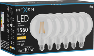 Mexen Vintis 6x LED-Filament-Glühbirne E27, G125, 12W, Warm - 2700K, 1560 lm, klar - L158-E27-1227-00x06
