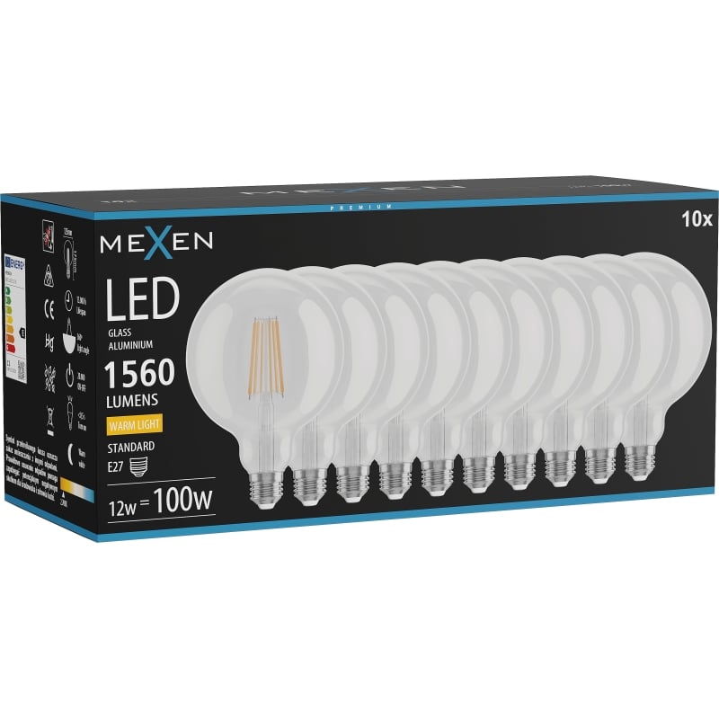 Mexen Vintis 10x LED filamentlamp E27, G125, 12W, Warm - 2700K, 1560 lm, helder - L158-E27-1227-00x10