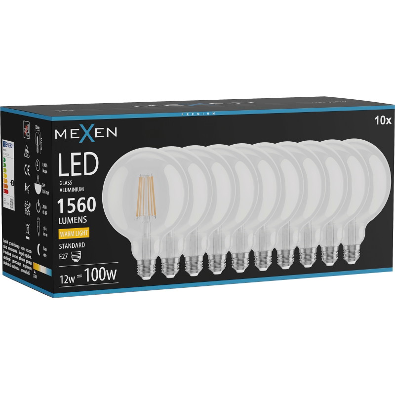 Mexen Vintis 10x LED-filamenttilamppu E27, G125, 12W, Lämmin - 2700K, 1560 lm, kirkas - L158-E27-1227-00x10
