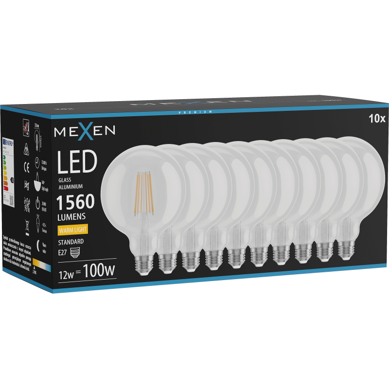 Mexen Vintis 10x żarówka filament LED E27, G125, 12W, Ciepła - 2700K, 1560 lm, clear - L158-E27-1227-00x10
