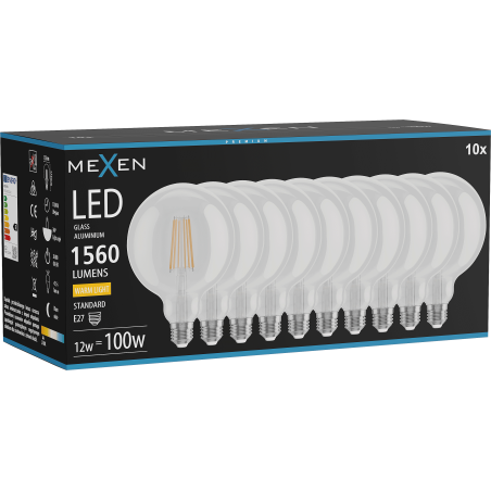 Mexen Vintis 10x LED diegu spuldze E27, G125, 12W, Silta - 2700K, 1560 lm, caurspīdīga - L158-E27-1227-00x10