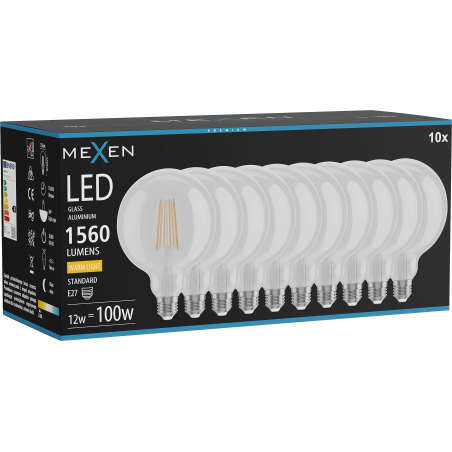 Mexen Vintis 10x LED filamentlamp E27, G125, 12W, Warm - 2700K, 1560 lm, helder - L158-E27-1227-00x10