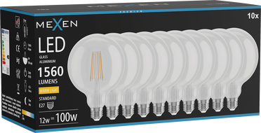 Mexen Vintis 10x LED hõõgniidiga pirn E27, G125, 12W, Soe - 2700K, 1560 lm, läbipaistev - L158-E27-1227-00x10
