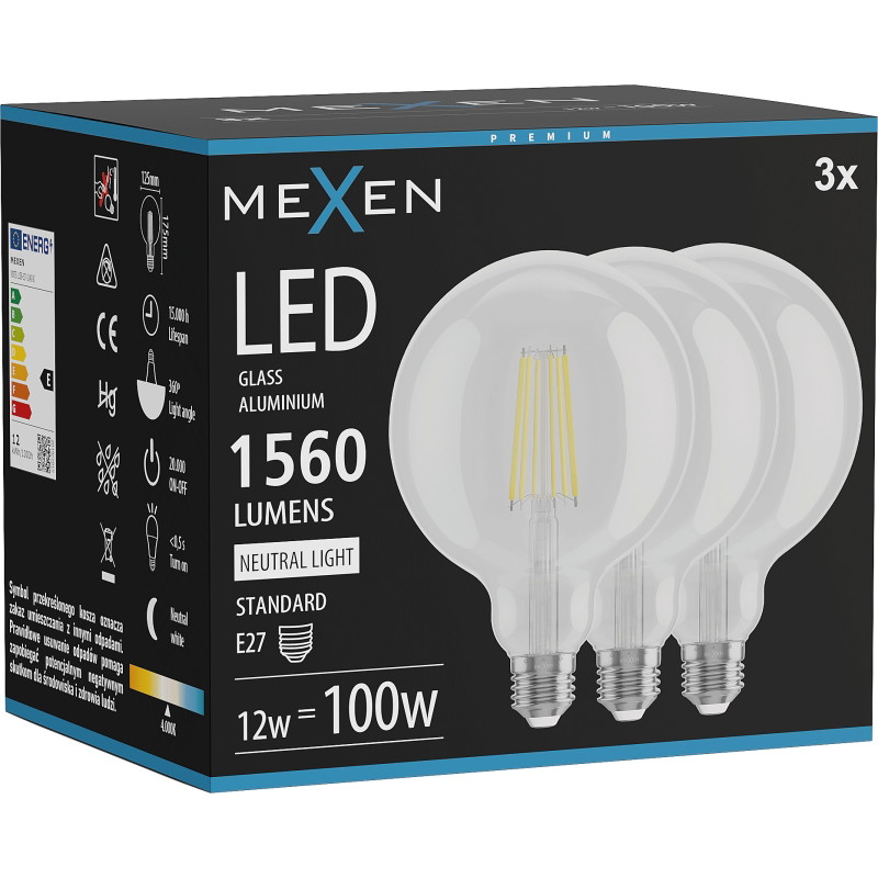 Mexen Vintis 3x Lampadina a filamento LED E27, G125, 12W, Neutro - 4000K, 1560 lm, trasparente - L158-E27-1240-00x03