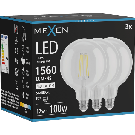 Mexen Vintis 3x LED kvēldiega spuldze E27, G125, 12W, Neitrāla - 4000K, 1560 lm, caurredzama - L158-E27-1240-00x03