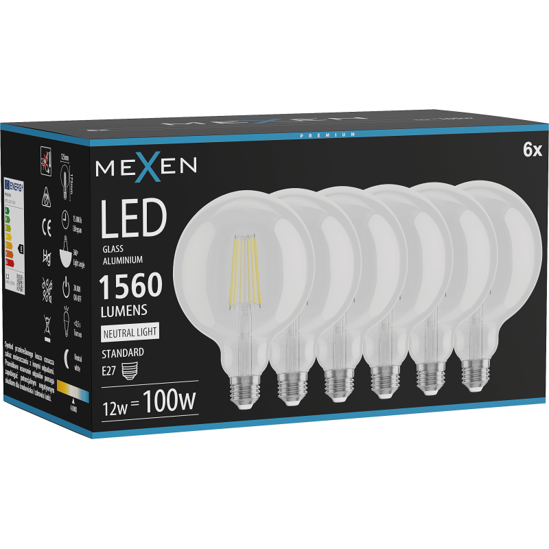 Mexen Vintis 6x LED Filament Glühbir E27, G125, 12W, Neutral - 4000K, 1560 lm, kloer - L158-E27-1240-00x06