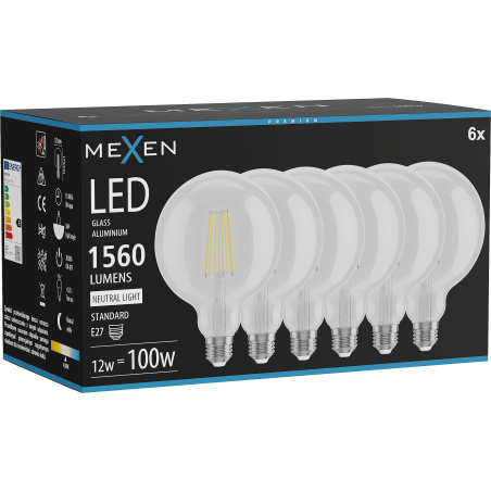 Mexen Vintis 6x LED spuldze ar diegu E27, G125, 12W, Neitrāla - 4000K, 1560 lm, caurspīdīga - L158-E27-1240-00x06