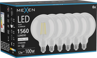 Mexen Vintis 6x LED filament žarulja E27, G125, 12W, Neutralna - 4000K, 1560 lm, prozirna - L158-E27-1240-00x06