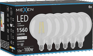 Mexen Vintis 6x LED spuldze ar diegu E27, G125, 12W, Neitrāla - 4000K, 1560 lm, caurspīdīga - L158-E27-1240-00x06