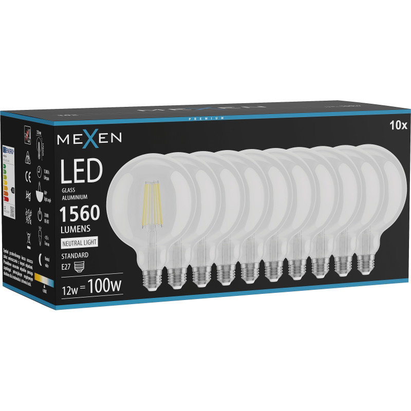 Mexen Vintis 10x LED-filamenttilamppu E27, G125, 12W, Neutraali - 4000K, 1560 lm, kirkas - L158-E27-1240-00x10