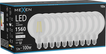 Mexen Vintis 10x LED filamendipirn E27, G125, 12W, Neutraalne - 4000K, 1560 lm, läbipaistev - L158-E27-1240-00x10