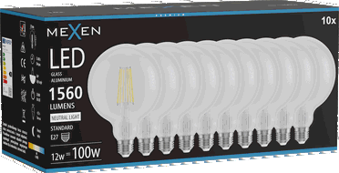 Mexen Vintis 10x LED filament žarulja E27, G125, 12W, Neutralna - 4000K, 1560 lm, prozirno - L158-E27-1240-00x10