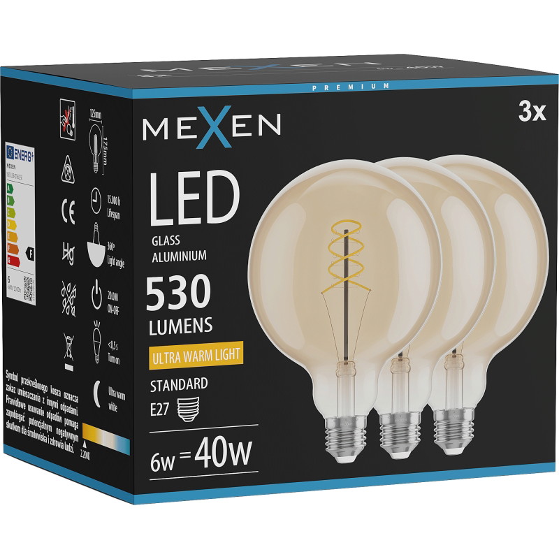 Mexen Vintis 3x LED-filamentlampa spiral E27, G125, 6W, Varm - 2200K, 530 lm, amber - L168-E27-0622-50x03