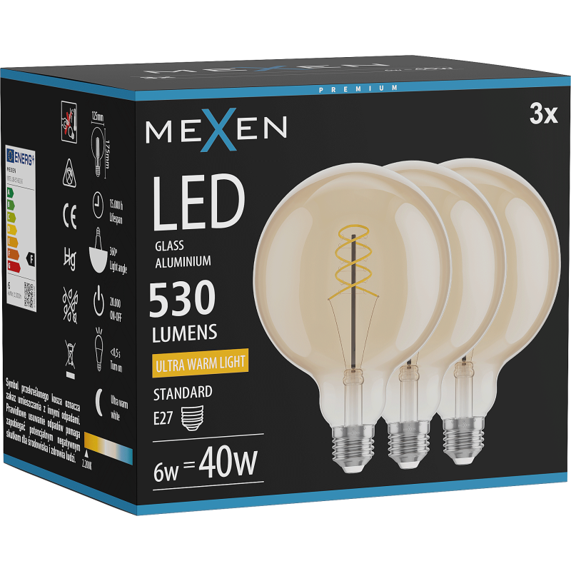 Mexen Vintis 3x LED spuldze ar spirālveida kvēldiegu E27, G125, 6W, Silta - 2200K, 530 lm, dzintara - L168-E27-0622-50x03