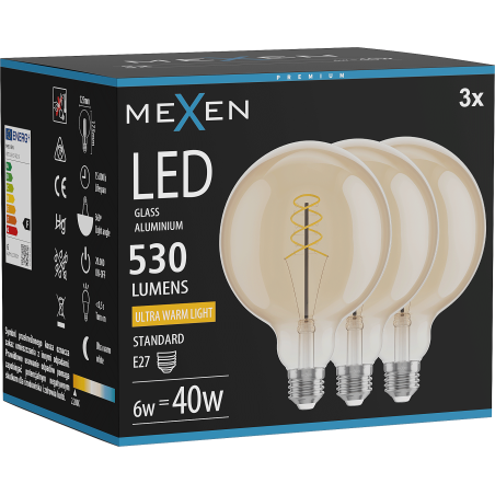 Mexen Vintis 3x LED-filamentlampa spiral E27, G125, 6W, Varm - 2200K, 530 lm, amber - L168-E27-0622-50x03
