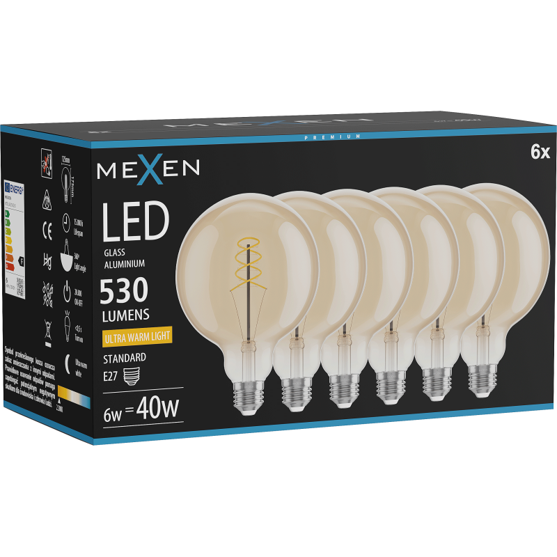 Mexen Vintis 6x Filament Spirallux LED E27, G125, 6W, Warm - 2200K, 530 lm, amber - L168-E27-0622-50x06