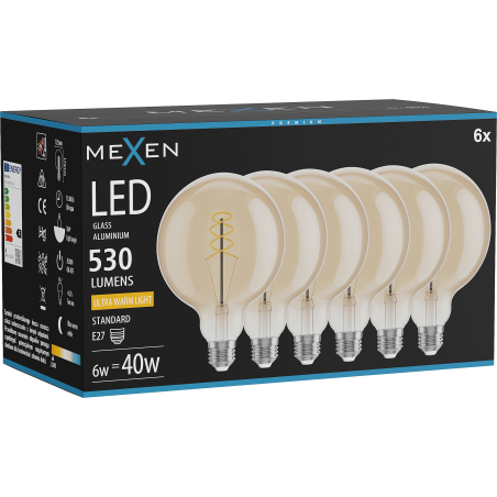 Mexen Vintis 6x LED filament glödlampa spiral E27, G125, 6W, Varm - 2200K, 530 lm, amber - L168-E27-0622-50x06