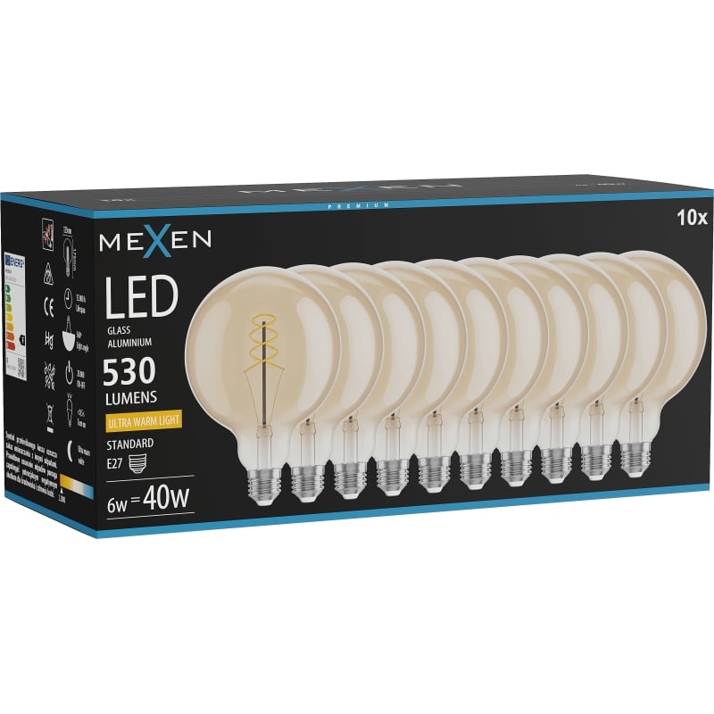 Mexen Vintis 10x Glühbirne Filament Spirale LED E27, G125, 6W, Warm - 2200K, 530 lm, amber - L168-E27-0622-50x10