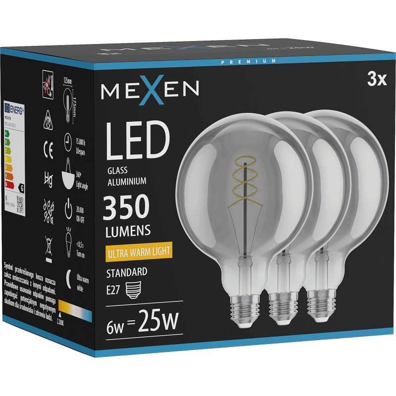 Mexen Vintis 3x LED žarnica z nitko spiralo E27, G125, 6W, Topla - 2200K, 350 lm, dimljena - L168-E27-0622-70x03