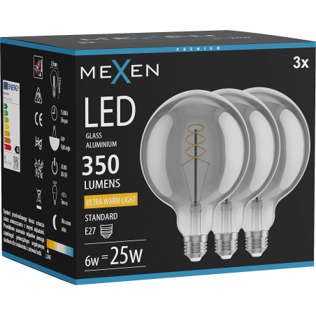 Mexen Vintis 3x LED žarnica z nitko spiralo E27, G125, 6W, Topla - 2200K, 350 lm, dimljena - L168-E27-0622-70x03