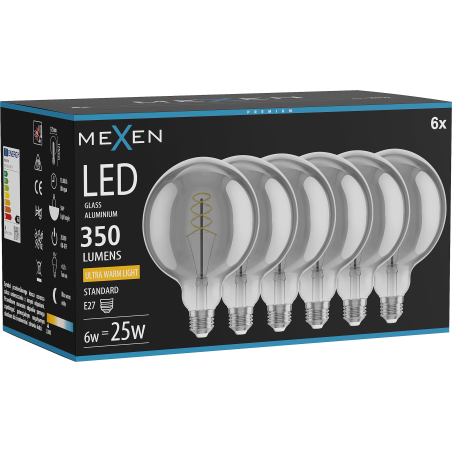 Mexen Vintis 6x Spiral LED filamentlampa E27, G125, 6W, Varm - 2200K, 350 lm, smoke - L168-E27-0622-70x06