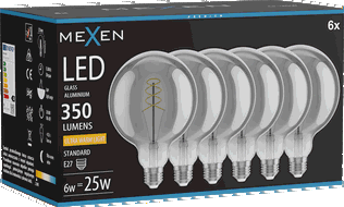 Mexen Vintis 6x LED filament spiraal gloeilamp E27, G125, 6W, Warm - 2200K, 350 lm, smoke - L168-E27-0622-70x06