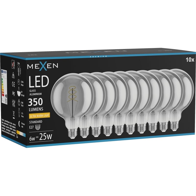 Mexen Vintis 10x LED filament spiral glödlampa E27, G125, 6W, Varm - 2200K, 350 lm, rökfärgad - L168-E27-0622-70x10