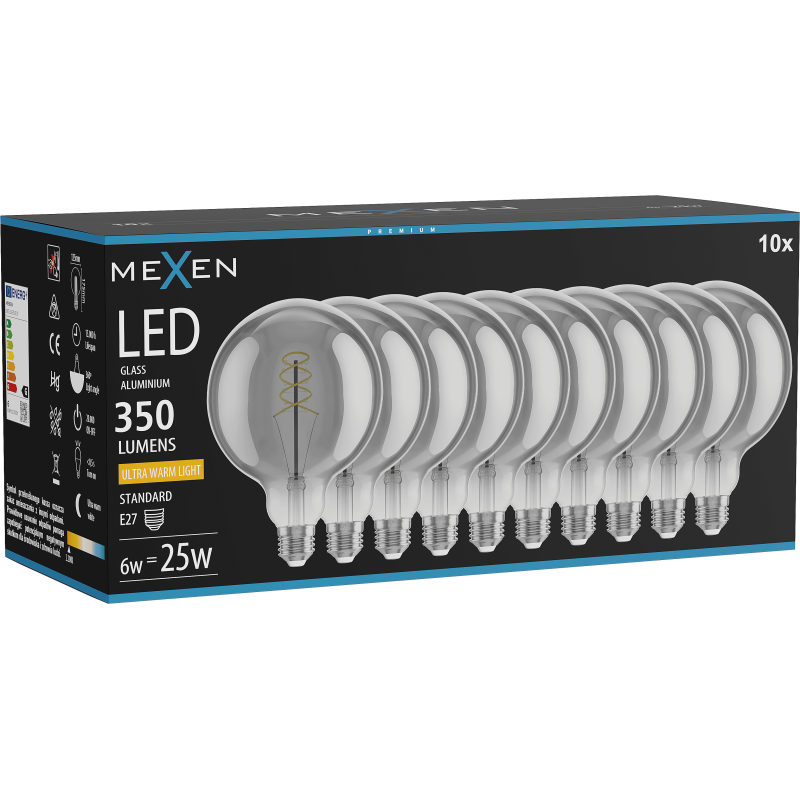 Mexen Vintis 10x LED filamentna žarnica spiralna E27, G125, 6W, Topla - 2200K, 350 lm, dimljena - L168-E27-0622-70x10