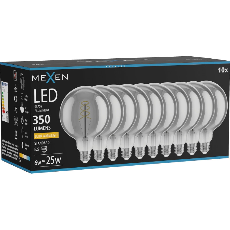 Mexen Vintis 10x LED-filamenttikierrelamppu E27, G125, 6W, Lämmin - 2200K, 350 lm, savu - L168-E27-0622-70x10