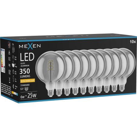 Mexen Vintis 10x Spuldze ar spirāli LED E27, G125, 6W, Silts - 2200K, 350 lm, dūmu - L168-E27-0622-70x10