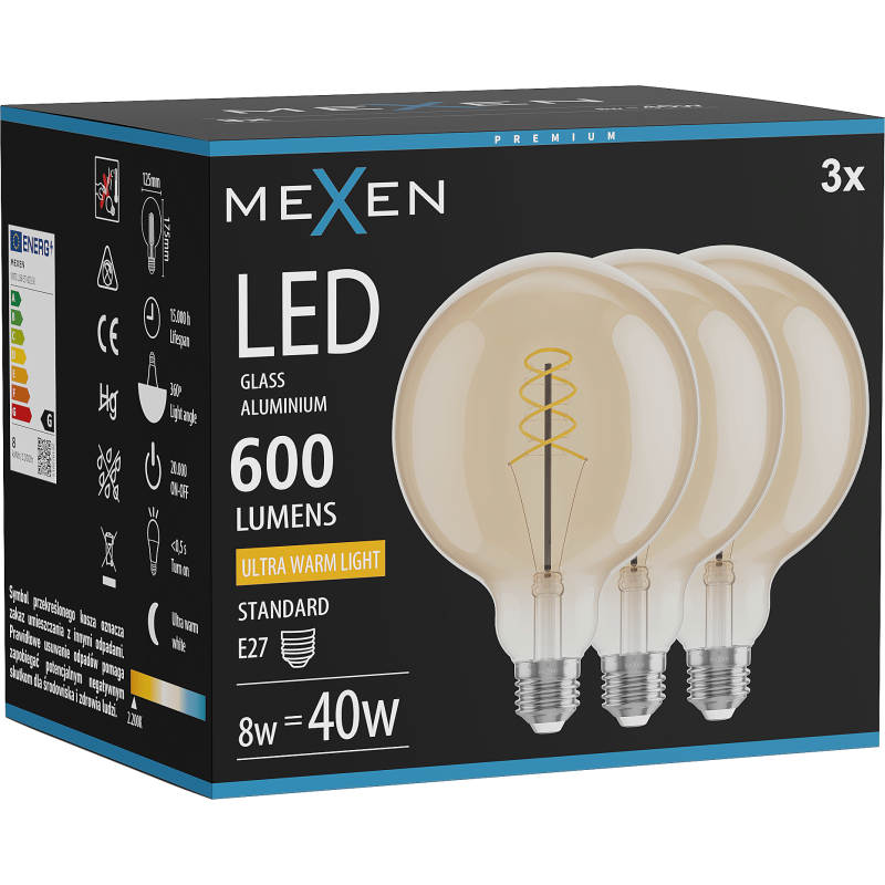 Mexen Vintis 3x Spuldze ar spirālu LED E27, G125, 8W, Silta - 2200K, 600 lm, dzintara - L168-E27-0822-50x03