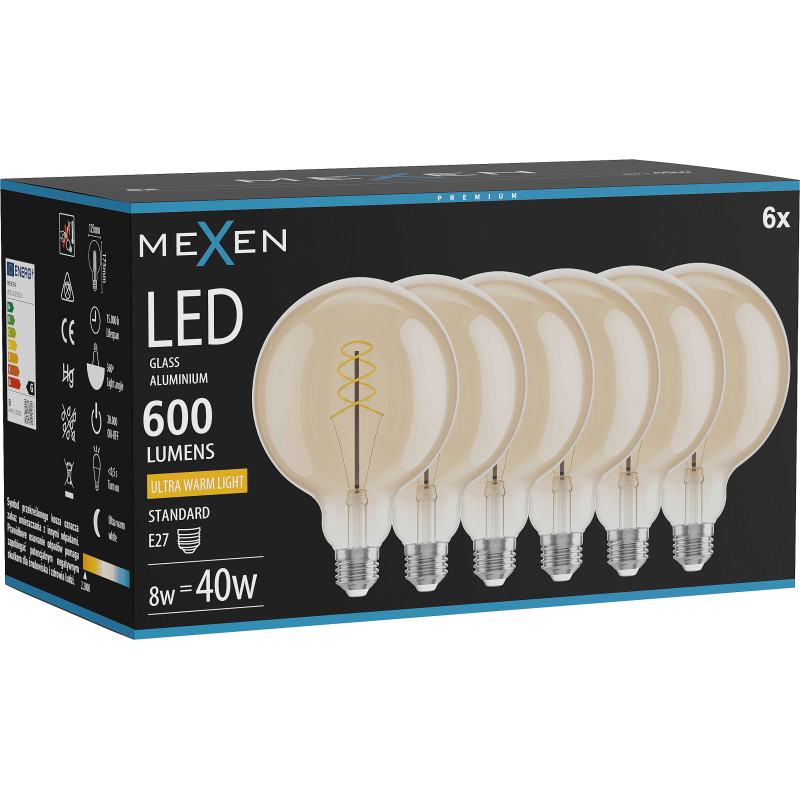 Mexen Vintis 6x Bombilla de filamento espiral LED E27, G125, 8W, Cálida - 2200K, 600 lm, ámbar - L168-E27-0822-50x06
