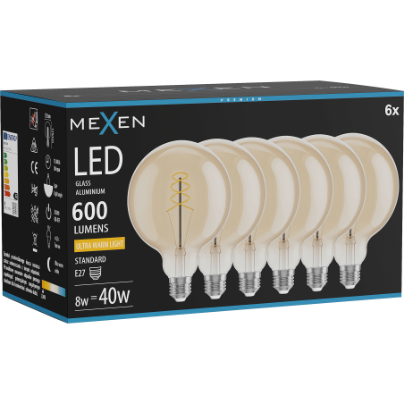 Mexen Vintis 6x LED-Filament-Spiralbirne E27, G125, 8W, Warm - 2200K, 600 lm, Bernstein - L168-E27-0822-50x06