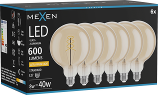 Mexen Vintis 6x LED hõõgniidiga lamp E27, G125, 8W, Soe - 2200K, 600 lm, merevaik - L168-E27-0822-50x06